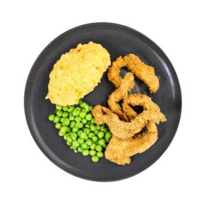 Kids Crumbed Chicken Strips with a Carrot and Potato Mash with Peas - 250g